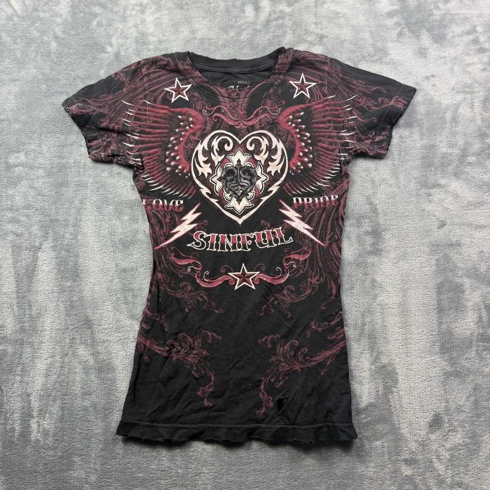 Sinful Affliction Womens Small Black Winged Heart Graphic T-Shirt Y2K MMA Style